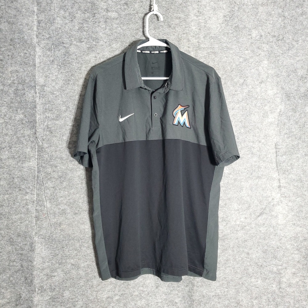 Nike Miami Marlins Polo Shirt Mens L‎ Gray Black Dri-FIT Baseball MLB Pro Elite